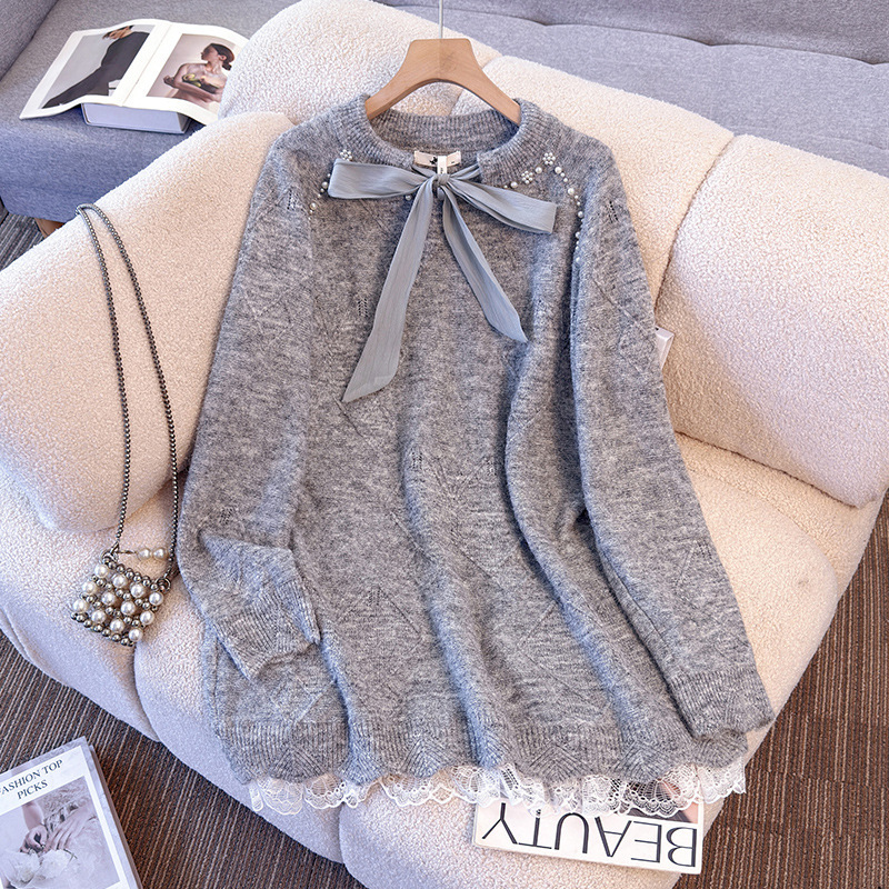 Plus-size women's clothing for plus-size ladies, spring and autumn style, long-sleeved sweater with bow and casual design, long length