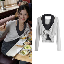 长期现货2025秋冬张婧怡同款修身扭结假两件针织衫小众短款上衣女