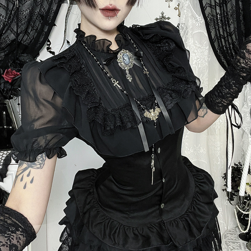 Cf25215 Autumn New Gorgeous Gothic Shirt Versatile Dark Style Cosplay Pure Desire High-End Short Top