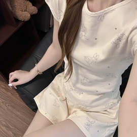 卡通ins甜美风兔子印花睡衣女春秋季款外穿短裤短袖家居服两件套