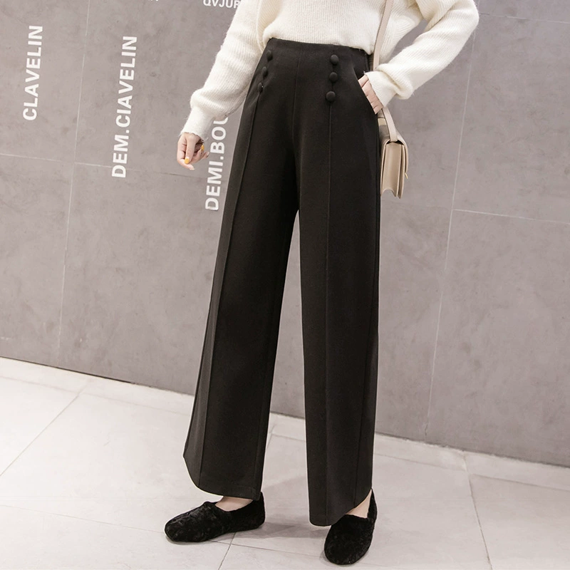 Волосатые широкие брюки женские осенние и зимние новые подвески прямые свободные гонконгские черные женские брюки с высокой талией