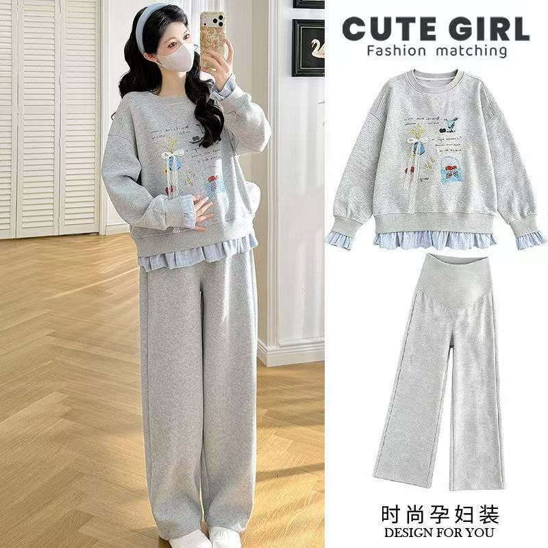 Maternity wear for autumn 2026, new autumn and winter Korean style playful and age-reducing printed sweatshirt and wide-leg pants two-piece set for pregnant women Maternity wear for autumn 2026, new autumn and winter Korean style playful and age-reducing printed sweatshirt and wide-leg pants two-piece set for pregnant women