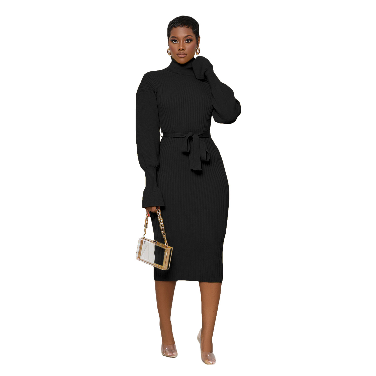 Women's Clothing solid color high collar knitted strap dress_voghion.com