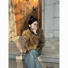 高级狐狸环保皮草毛皮外套2024冬季新款棕色加厚毛毛短款大衣样布