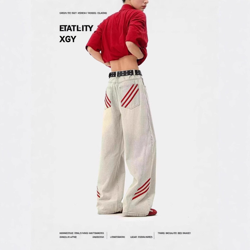 Red Diagonal Three-Bar Vintage Jeans American High Street Vibe Drape Straight-Leg Floor-Length Pants Side Splicing Cargo Pants