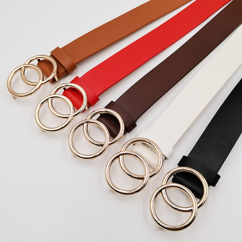 Creative gold double round buckle belt for women, versatile fashionable jeans and casual pants belt for women