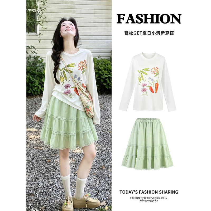 White Sun-Protective Sheer Blouse, Printed T-Shirt, Women's Summer Dopamine Forest Style Outfit, Two-Piece Set with Skirt White Sun-Protective Sheer Blouse, Printed T-Shirt, Women's Summer Dopamine Forest Style Outfit, Two-Piece Set with Skirt