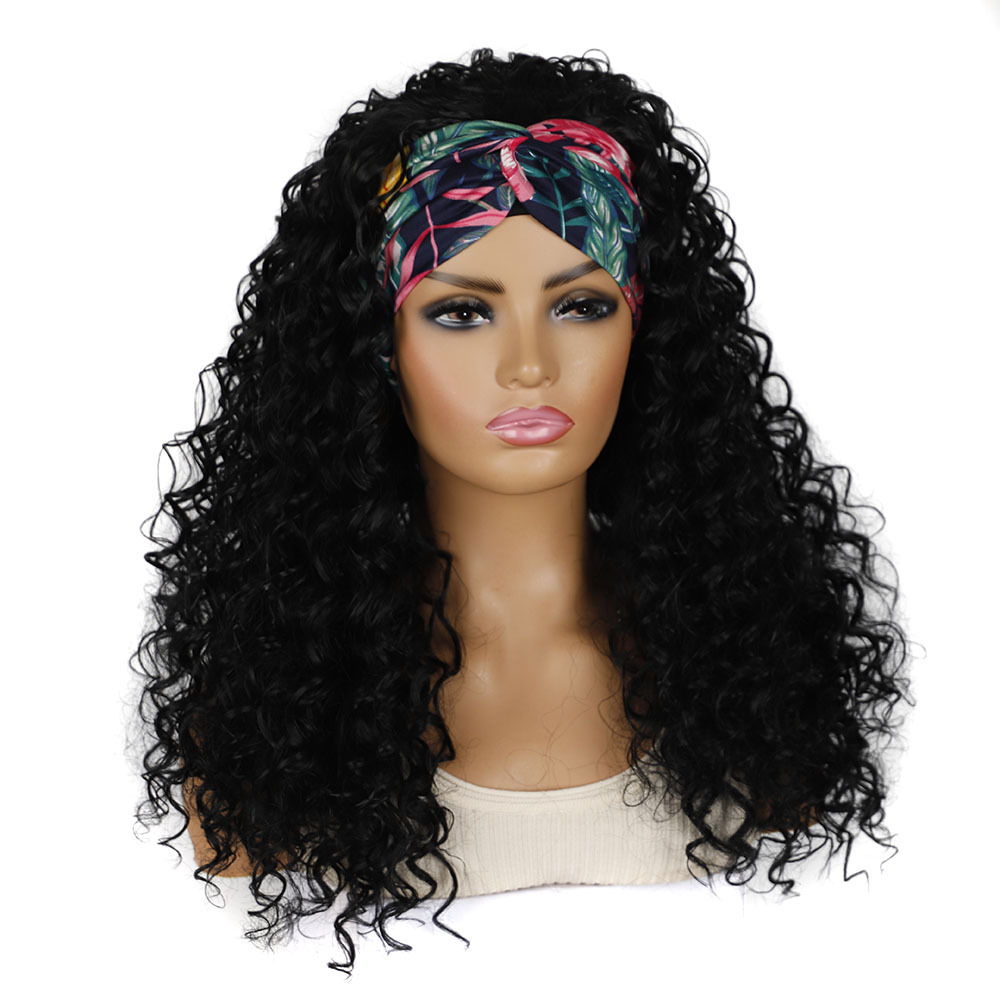 Perruque synthétique cheveux longs bandeaux de perruque bouclés profonds et bandeaux en fibres synthétiques_voghion.com