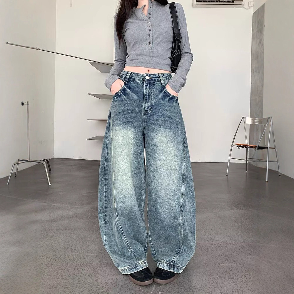 High Street Retro Commuter Lightning Pattern Wide-Leg Jeans for Women New High-Waisted Scimitar Pants Loose Hip-Covering Wide Floor-Length Pants