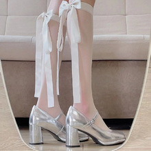 银色玛丽珍鞋女2024春季新款复古法式浅口粗跟单鞋一字带高跟鞋子