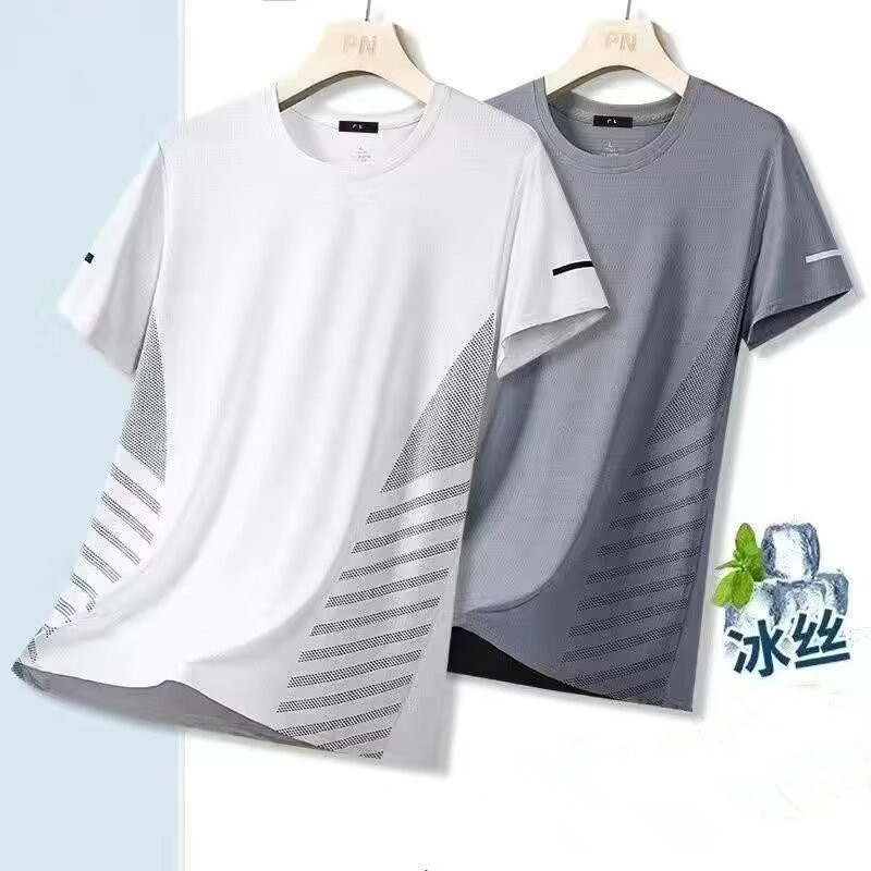 涼感運動t恤男夏季薄款冰絲速乾衣圓領印花短袖體恤跑步健身上衣