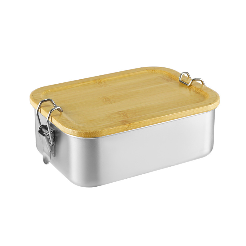 Caja de almuerzo de acero inoxidable 304 con tapa de bambú Caja de almacenamiento de refrigerador japonés fresco caja de almacenamiento caja de almuerzo cuadrada con hebilla