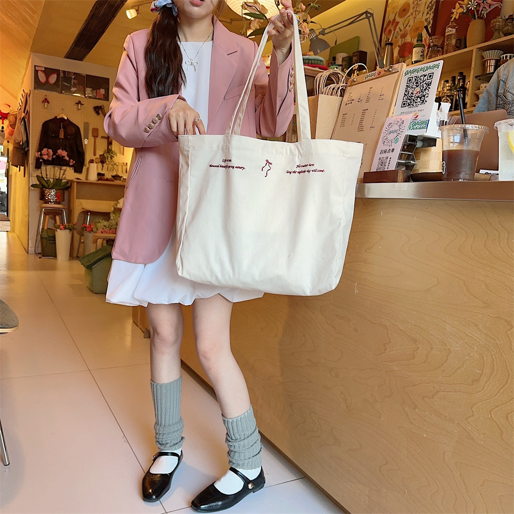 44284 large-capacity double-sided embroidered bow, sweet tote bag, single-shoulder cloth bag, canvas schoolbag for girls undefined