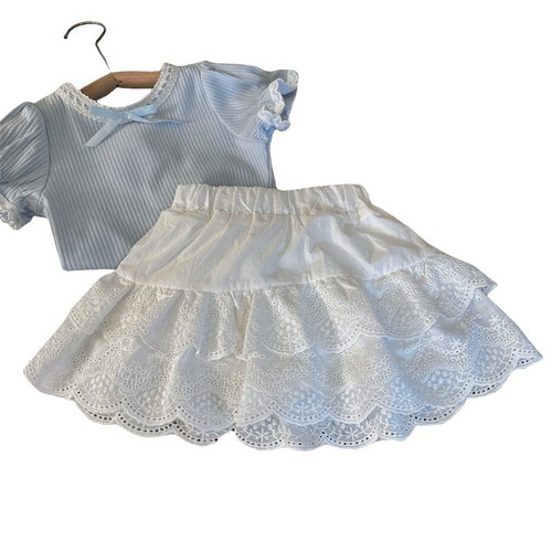 Korean Children's Summer 2024 New Bubble Sleeve Short-Sleeve T-Shirt and Lace Skirt Two-Piece Set