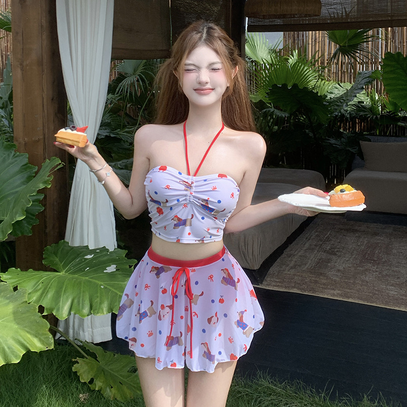 2025新款泳衣 小狗可爱女士分体两件套女小胸挂脖比基尼温泉泳裙