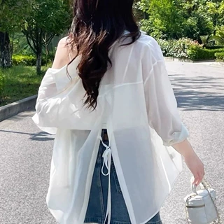 薄款长袖防晒衬衫2026年夏款设计感系带后背开叉天丝韩系上衣
