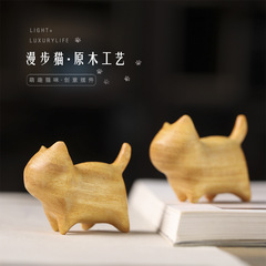 萌趣治癒系木質漫步貓咪可愛卡通桌面工藝品擺件流體貓上色木胚子