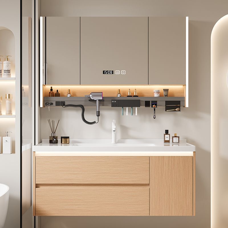 Natural Wood Color Bathroom Cabinet Modern Minimalist Smart Washbasin Cabinet Combination Ceramic Integrated Washstand Bathroom Cabinet