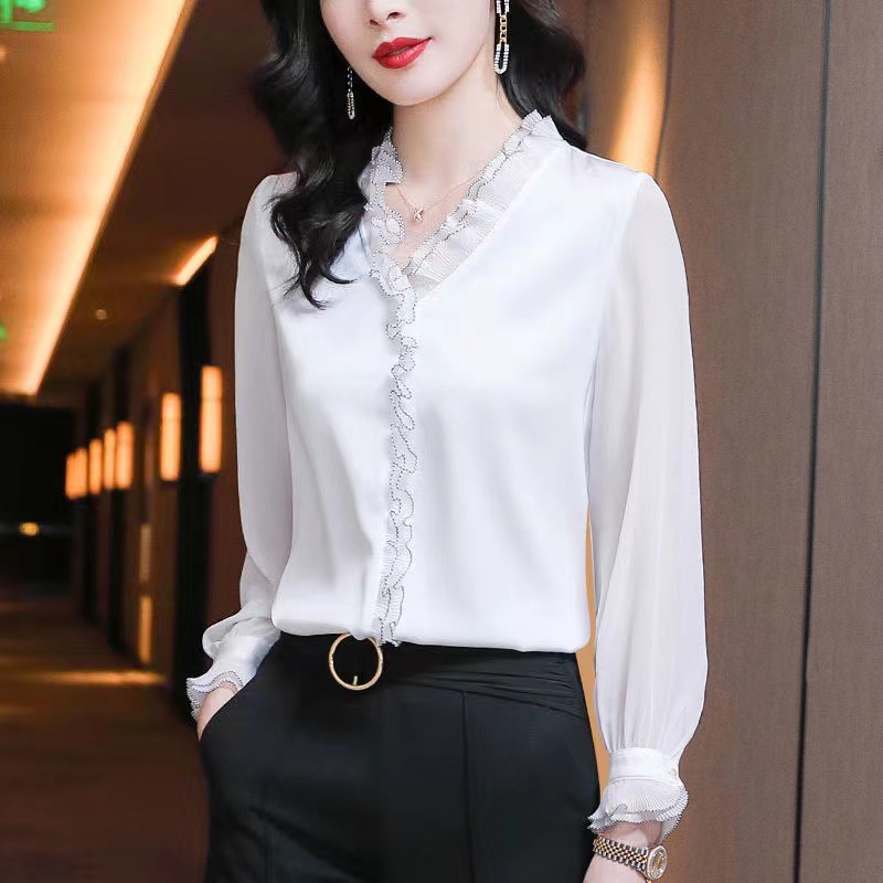 쉬폰 긴 소매 이른 가을 화이트 셔츠 최고 여성의 새로운 2023 패션 세련된 봄과 가을 칼라베이스 셔츠