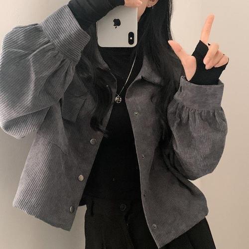 Chic Korean Autumn/Winter Loose Matchable Single Button Collar Short Length Corduroy Shirt Drawstring Jacket for Women Fashion