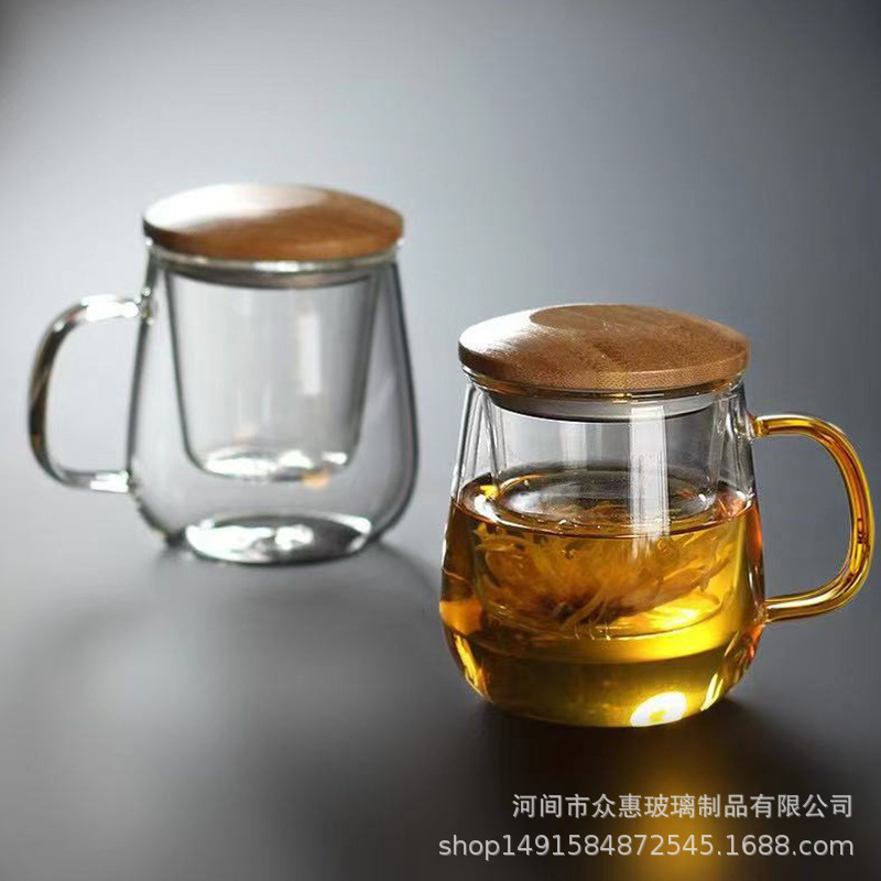 Filter Green Tea Cup with Handle, High Borosilicate Glass Tea and Water Separation Three-Piece Cup Wholesale Office Glass Tea Cup