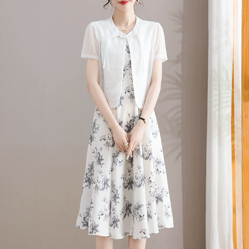 2025 летний новый высококачественный новый китайский принт из двух частей платье темперамент тонкая мама юбка дети