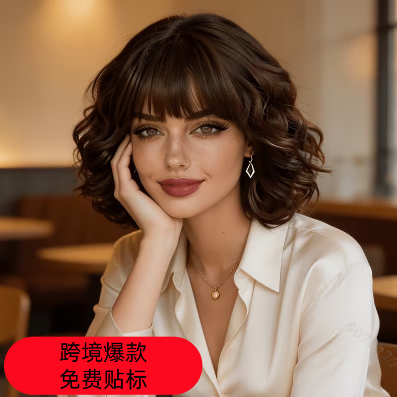 Cross-Border Water Wave Curly Wig, Dark Brown Short Curly Hair with Bangs, Bob Style Synthetic Hair, Women's Wig Cross-Border Water Wave Curly Wig, Dark Brown Short Curly Hair with Bangs, Bob Style Synthetic Hair, Women's Wig