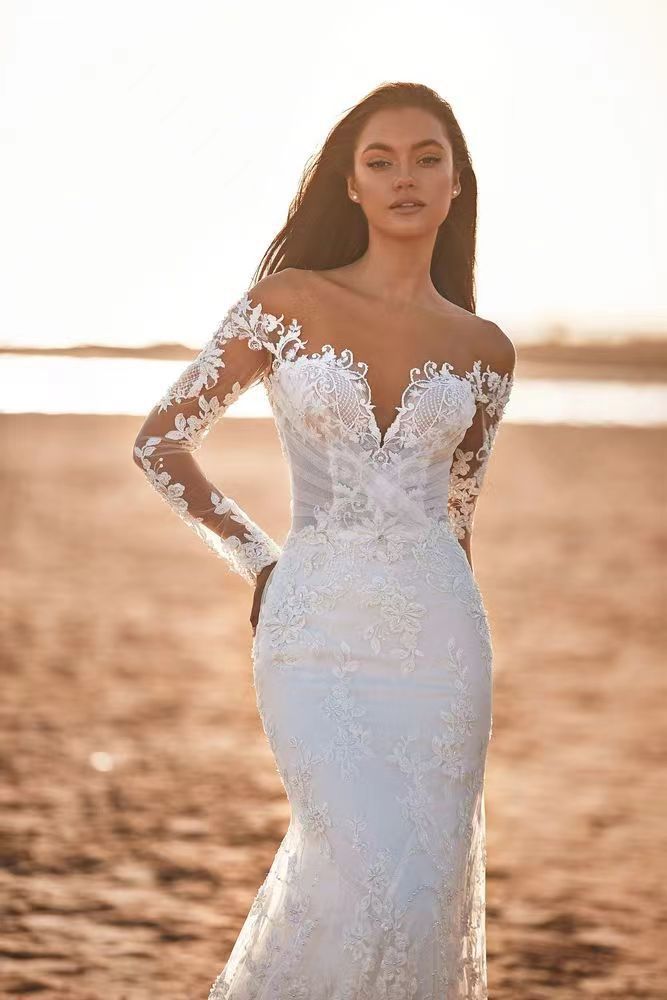 Amazon trailing vestido de novia sexy cintura fishtail 2024 primavera nuevo adelgazar fuera del hombro profundo V vestido de novia