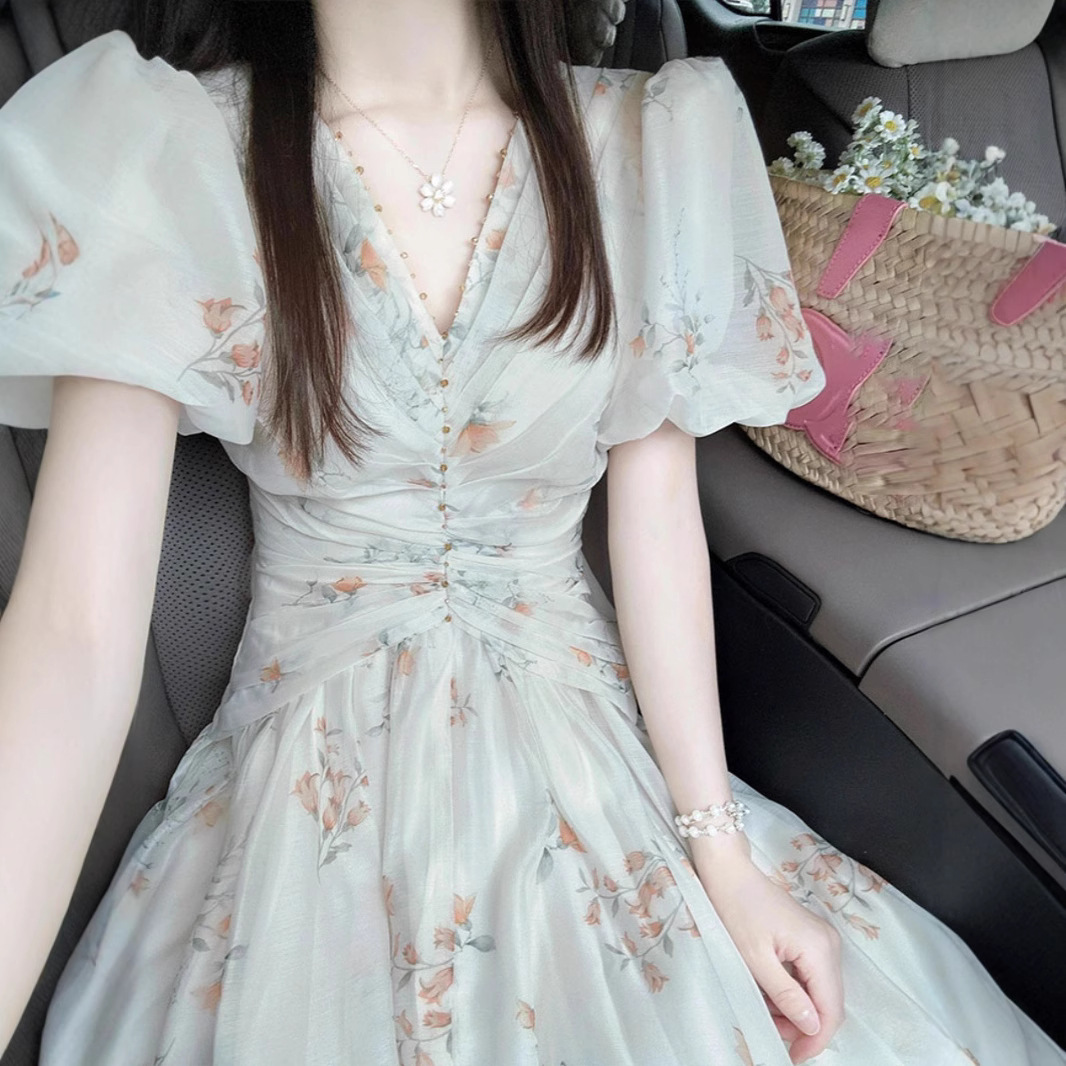 Váy liền hoa cổ chữ V tay bồng dáng dài mùa hè — Màu xanh lục nhạt