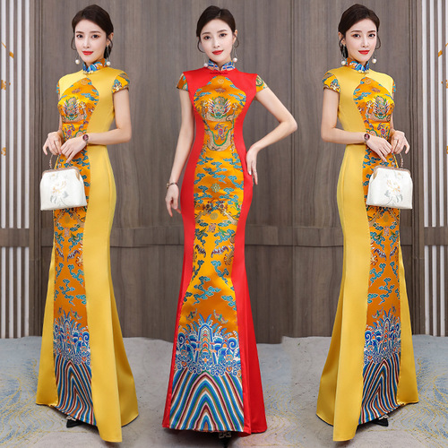 Long Chinese dresses dragon pattern evening dress annual meeting host model catwalk Chinese style cheongsam stage costume