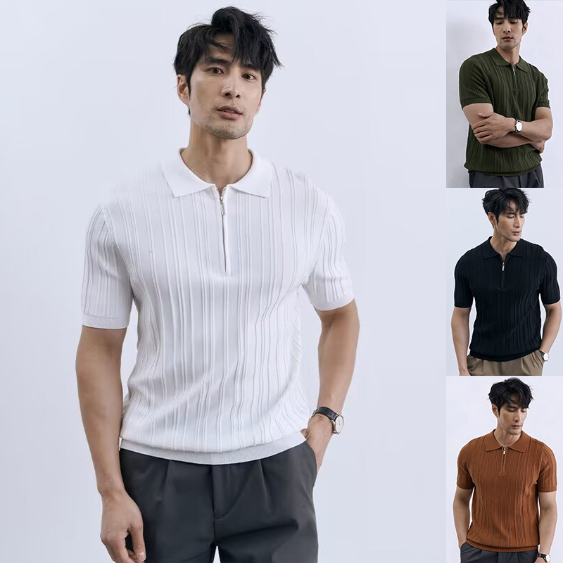 Polo camiseta de punto camiseta de manga corta hombre solapa media cremallera rayas viejas camisetas de hielo de viento de verano fábrica transfronteriza al por mayor