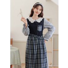 日系森系连衣裙穿搭套装女2025秋冬新款娃娃领名媛风两件套长裙子