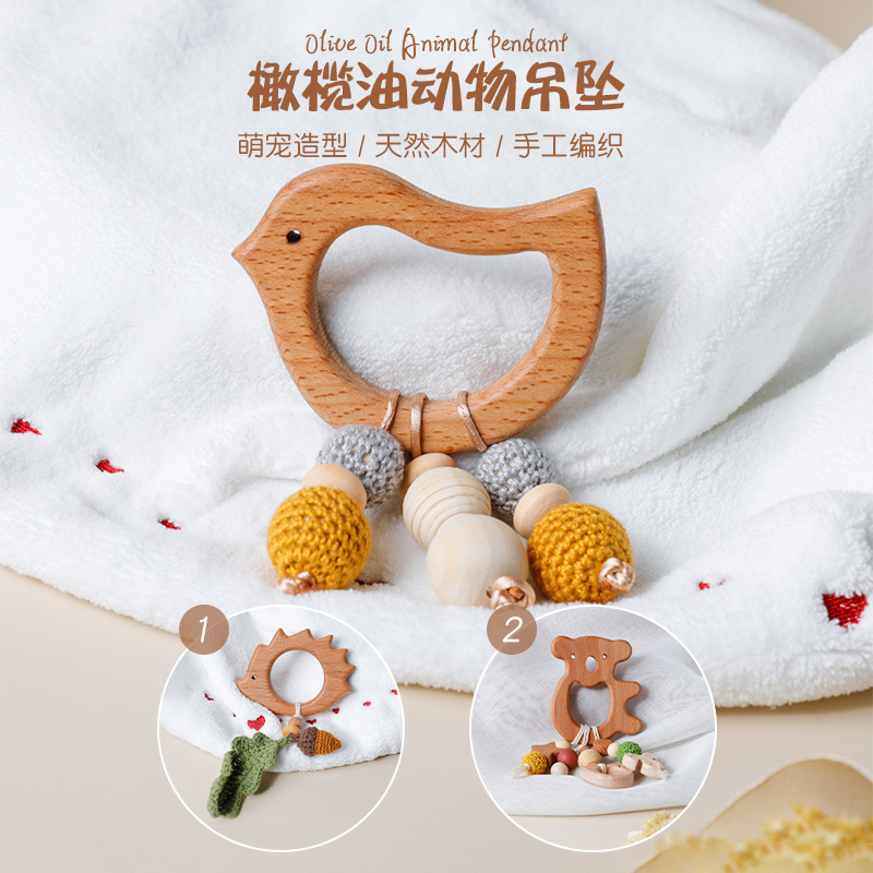 Cartoon Beech Wood Bracelet Animal Kidsren's Oral Period Beech Wood Teether Ornaments Teething Toy Necklace Anti-Bite Hand Pendant