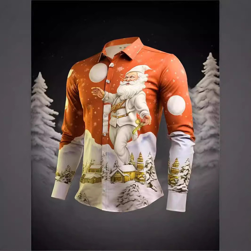 European and American Santa Claus Autumn Shirt 3D Digital Printing Hot Selling Snowflake Party Long Sleeve Men's Fashion Shirt