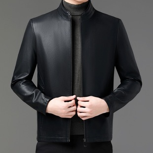 Shopping Mall Same Style Stand Collar Leather Jacket Fashion Luxury Simple Big Brand Coat Middle-Aged Gentleman Casual Men's Genuine Leather Jacket