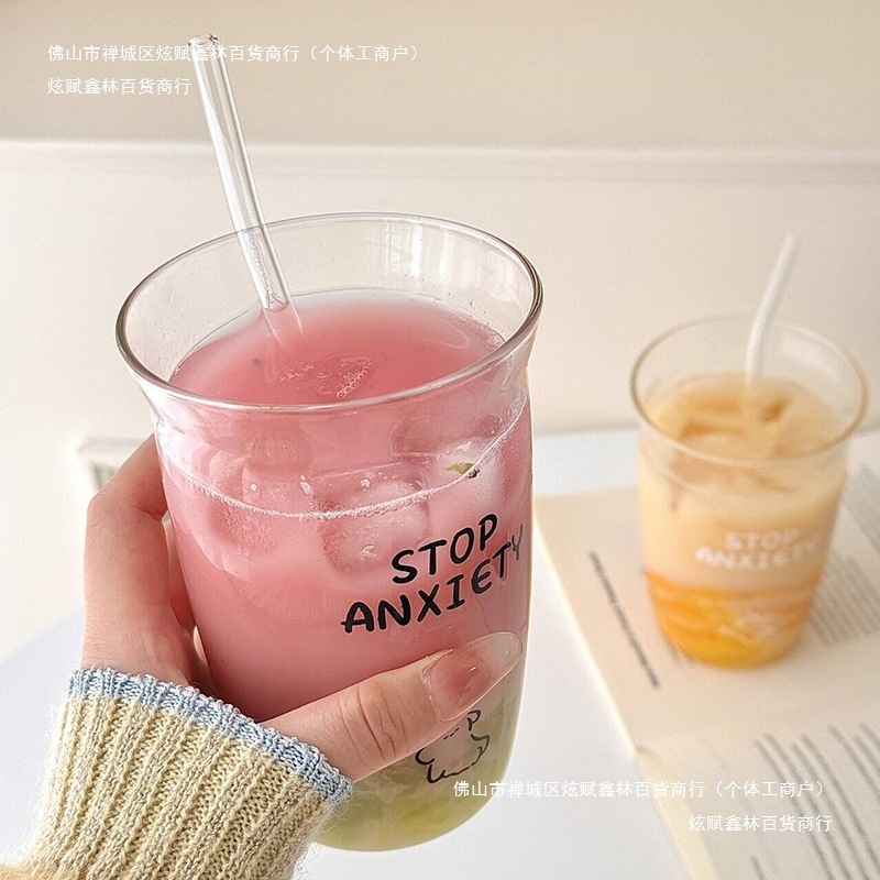 女の子高ホウケイ酸ストローカップガラスウォーターカップミルクカップ夏の新しいかわいいコーヒーカップ大容量|undefined