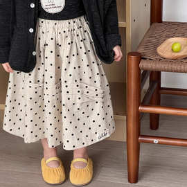 麦田季2025春夏新品韩版童装女童亚麻波点半身裙儿童棉布圆点裙子