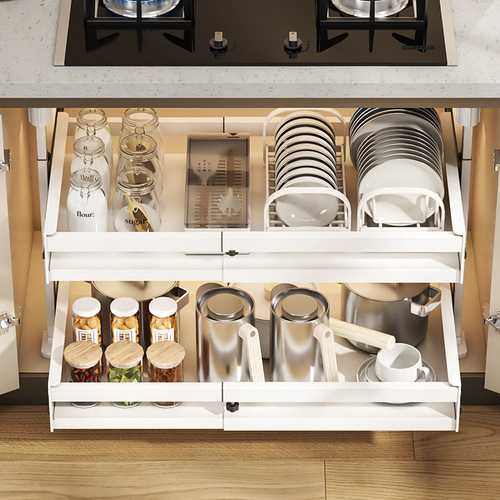 Dish storage rack under the kitchen cabinet without drilling, retractable built-in homemade drawer, layered pull-out basket