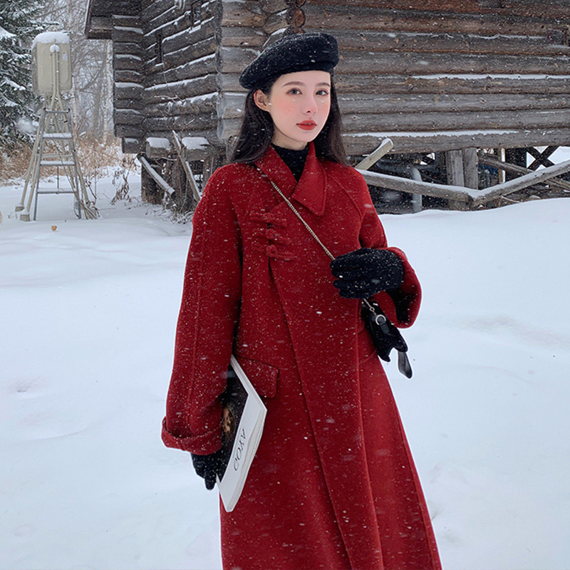 Red Doll Collar Double-Sided Cashmere Coat for Women, Mid-Length, Over-The-Knee, 2025 Autumn and Winter New Style Wedding Woolen Coat