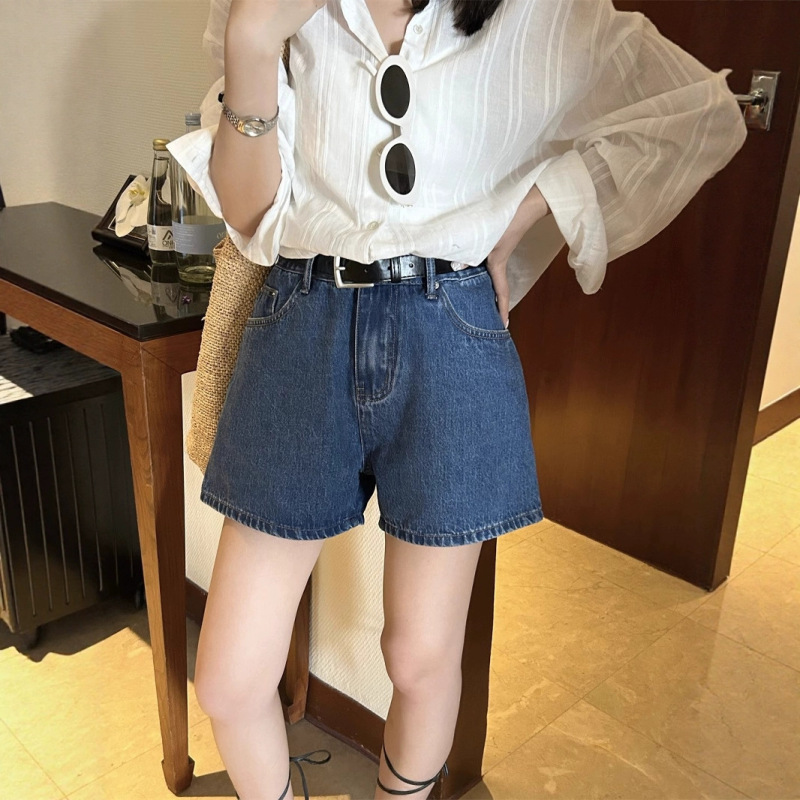水洗夏季新款深蓝色高腰阔腿牛仔短裤女A字阔腿遮肉显瘦休闲热裤|undefined