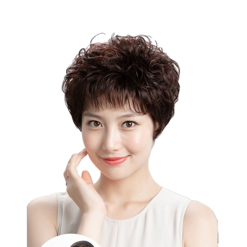 假发中老年女妈妈款全真人发丝全头套女士假发套自然短卷发|undefined