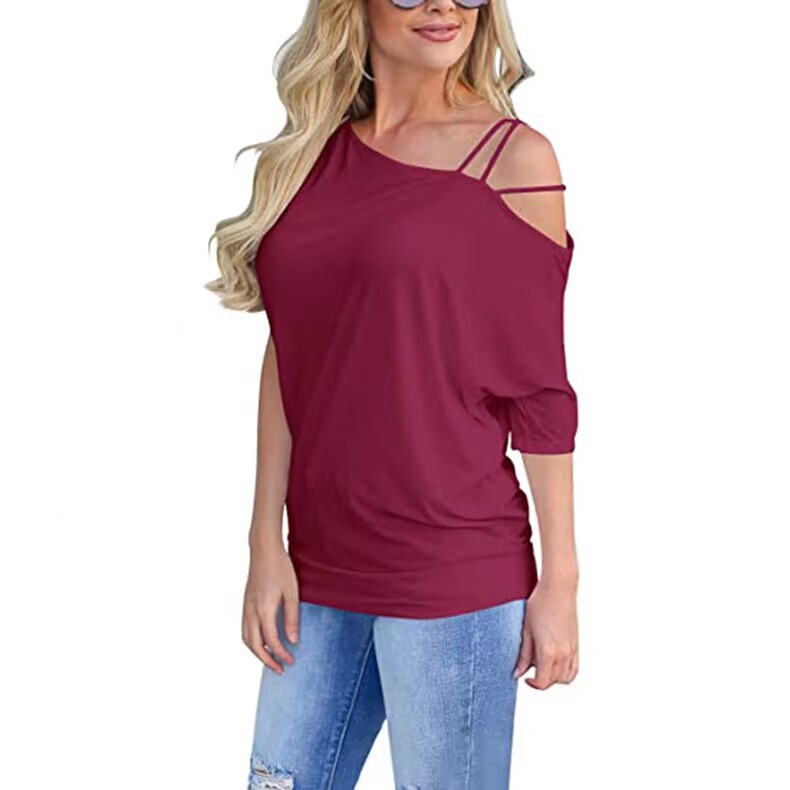 Amazon Women's T-shirt V-neck Short-sleeved Summer Top Casual Basic T-shirt European and American Fashion New Shoulder Clothes