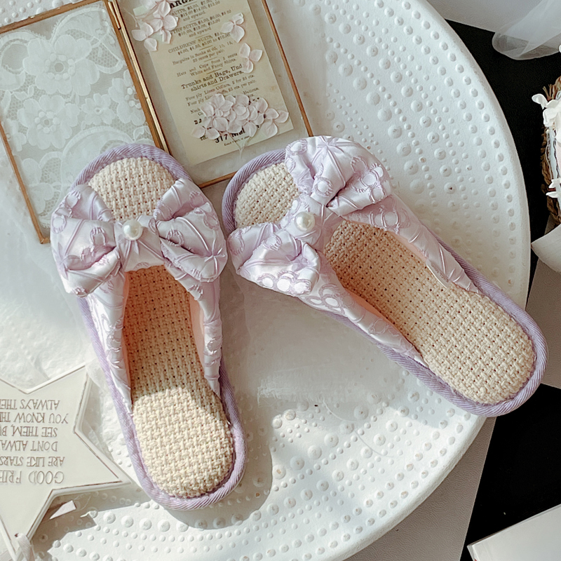 Romantic Purple Summer Fairy Palace Embroidered Satin Linen Slippers for Women Spring and Autumn Indoor Non-Slip Home Cool