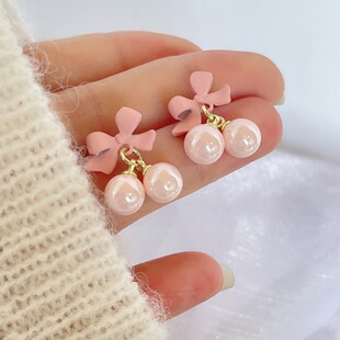 Pink Cherry Ear Clip Girl Series Double Pearl Bow Earrings New High-end Unique Earrings without Ear Holes