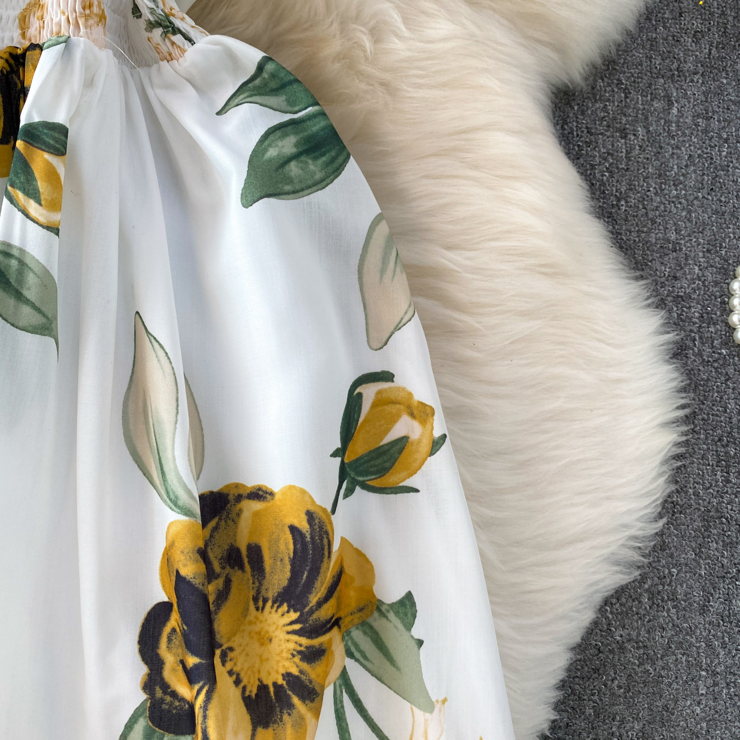 Romantic Floral Print Square Neck Dress European American Style Summer Suspender High Waist Cinching Slimming Full Skirt Women's Clothing_ecoleips.com