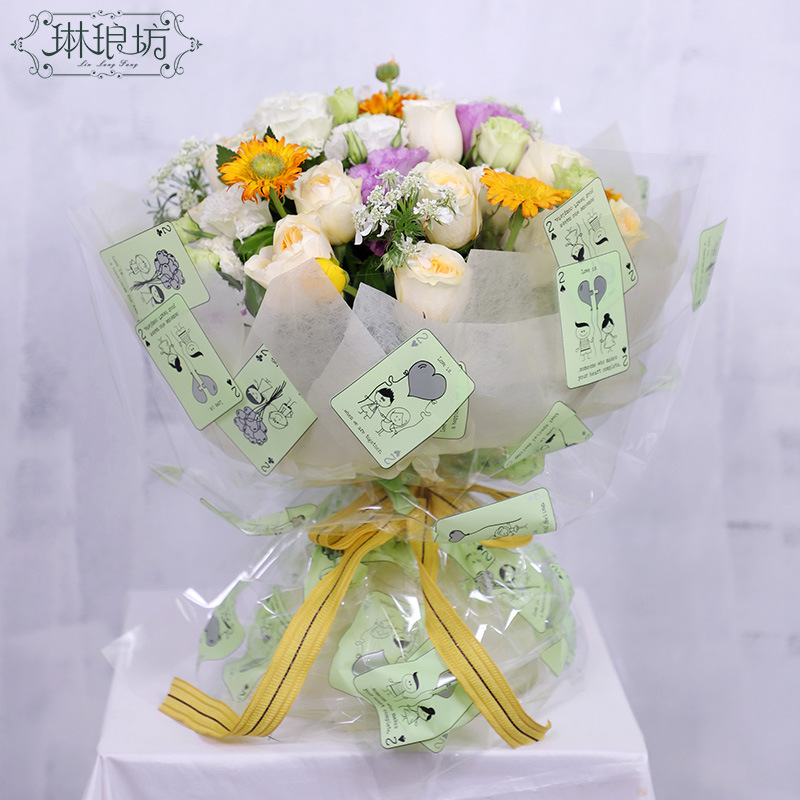 玻璃纸爱的扑克牌透视防水鲜花礼品包装塑料纸花店资材用品