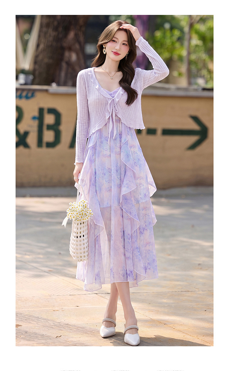 Đầm maxi nữ hai dây hoa nhí kèm áo khoác cardigan tay bèo — màu xanh nhạt, màu tím nhạt chi tiết 14