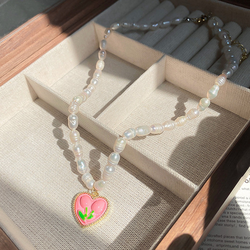 Flower Love Freshwater Pearl Necklace French Girl Heart Sweet Clavicle Chain Tulip Sexy Versatile Temperament Necklace