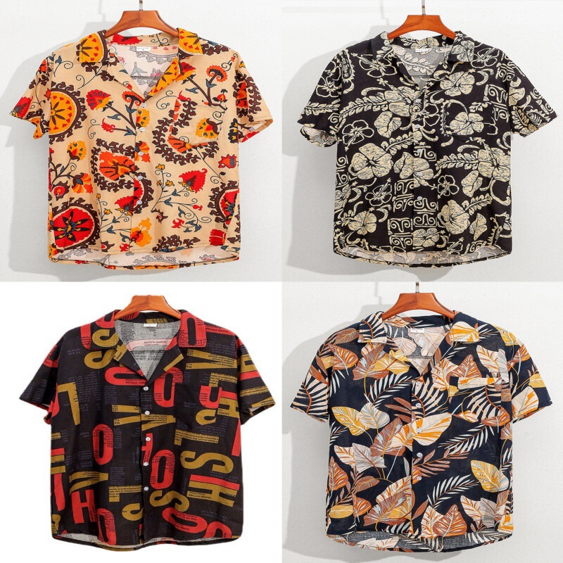 Cross-Border Casual Loose Cotton and Linen Men's Lapel Beachwear Hawaiian Shirt Cardigan Aliexpress Short-Sleeved Travel Rafting