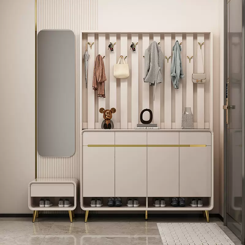 2024入户隔断轻奢挂衣架鞋柜家用门口大容量多功能储物柜实木边框